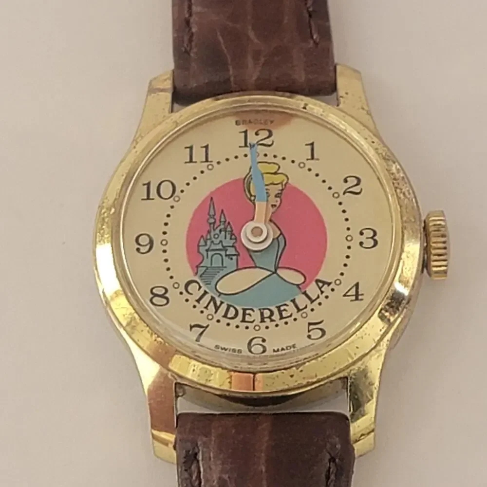 Bradley Cinderella Girls Watch Gold Case Cream Dial Brown Leather Vintage Swiss